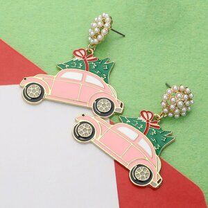 Volkswagen Bug Car VW Christmas Tree Enamel Earrings in Pink and Green